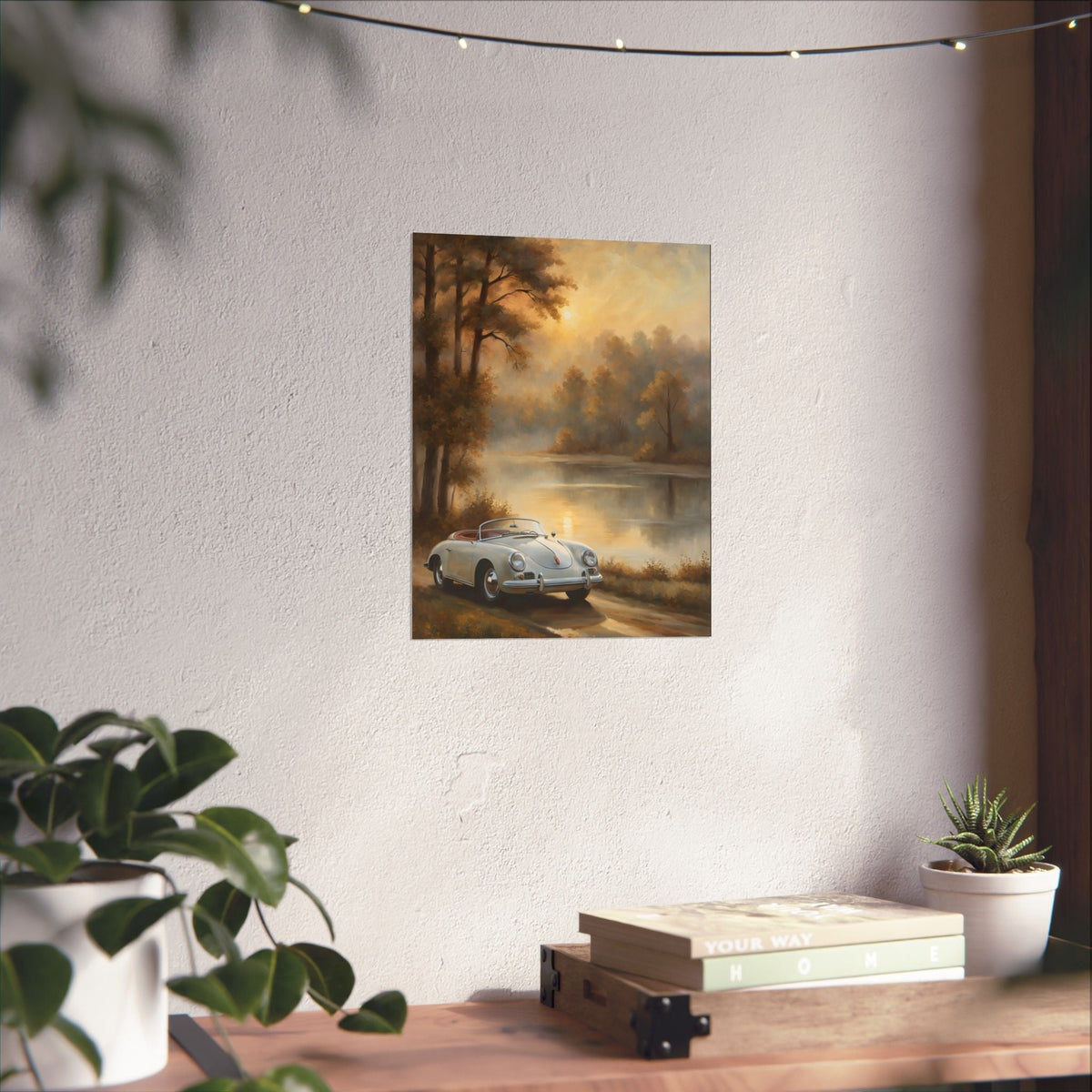 Vintage 1956 Porsche 356 Speedster Poster | Misty Lakeside Sunrise Wall Art | Impressionist European Classic Sports Car Fine Art Paper Print