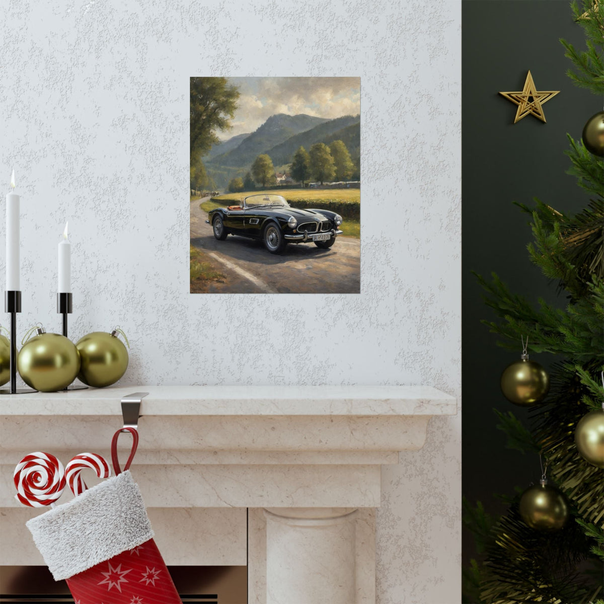 Vintage 1957 BMW 507 Roadster Poster | Countryside Mountain Road Wall Art | Impressionist European Classic Sports Car Fine Art Paper Print