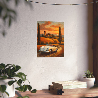 Vintage 1956 Porsche 356 Speedster Poster | Tuscan Countryside Sunset Wall Art | Impressionist European Classic Sports Car Fine Art Paper Print