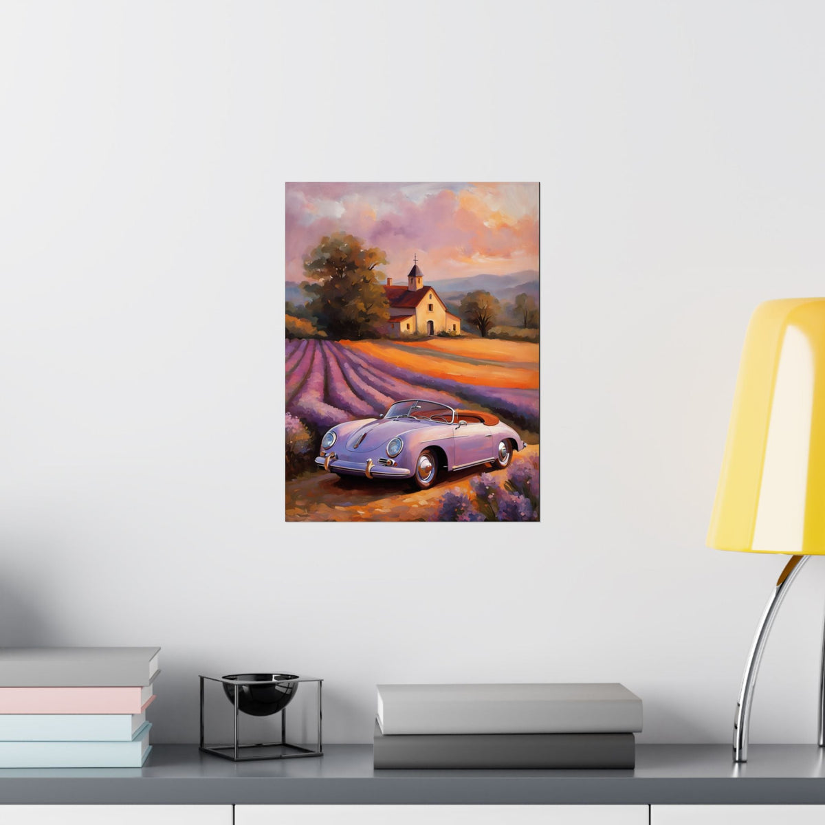 Vintage 1956 Porsche 356 Speedster Poster | Provence Lavender Field Sunset Wall Art | Impressionist European Classic Sports Car Fine Art Paper Print