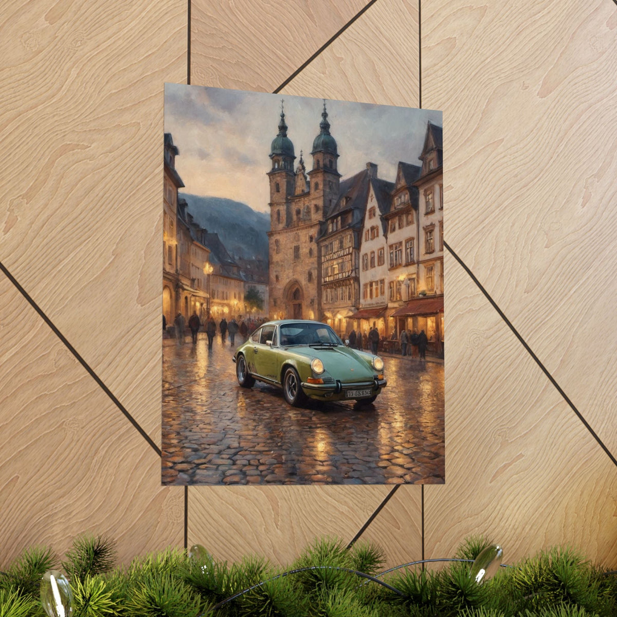 1973 Porsche 911 Wall Art Lime Yellow Green Old German Town Cobblestone Dusk Poster Classic German Sports Car Oil Painting Fine Art Print for Home Office Decor
