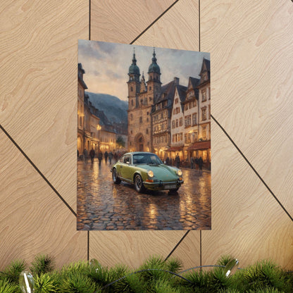 1973 Porsche 911 Wall Art Lime Yellow Green Old German Town Cobblestone Dusk Poster Classic German Sports Car Oil Painting Fine Art Print for Home Office Decor