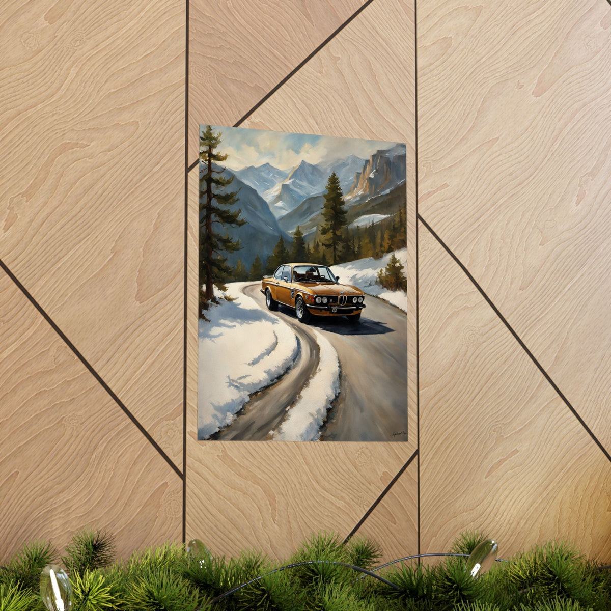 1973 BMW 30 CSL Wall Art Inka Orange Bronze Alpine Mountain Pass Snow Road Poster Classic German Sports Coupe Oil Painting Fine Art Print for Home Office Decor