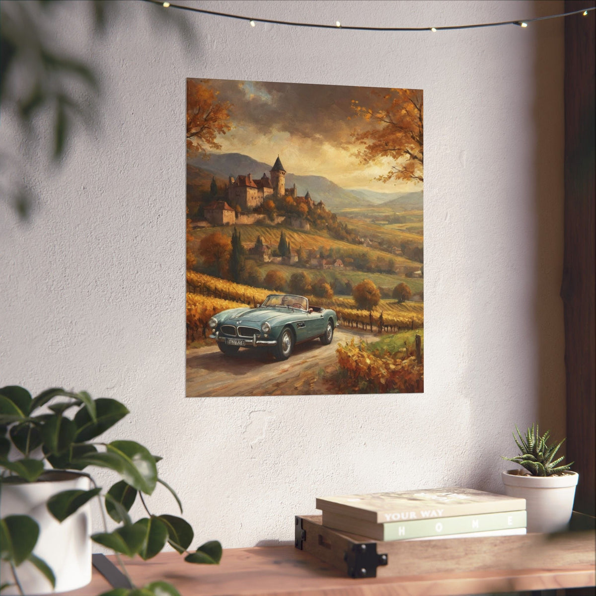 Vintage 1957 BMW 507 Roadster Poster | Autumn Vineyard Castle Valley Wall Art | Impressionist European Classic Sports Car Fine Art Paper Print