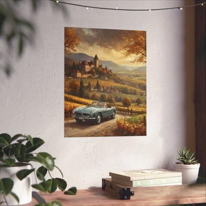 Vintage 1957 BMW 507 Roadster Poster | Autumn Vineyard Castle Valley Wall Art | Impressionist European Classic Sports Car Fine Art Paper Print