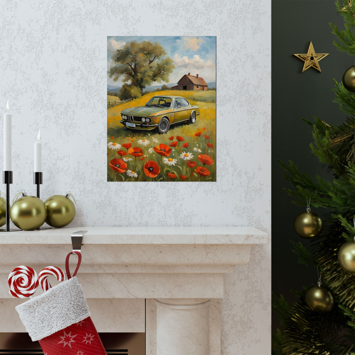 1973 BMW 30 CSL Wall Art Taiga Green Spring Poppy Field Countryside Barn Poster Classic German Sports Coupe Oil Painting Fine Art Print for Home Office Decor