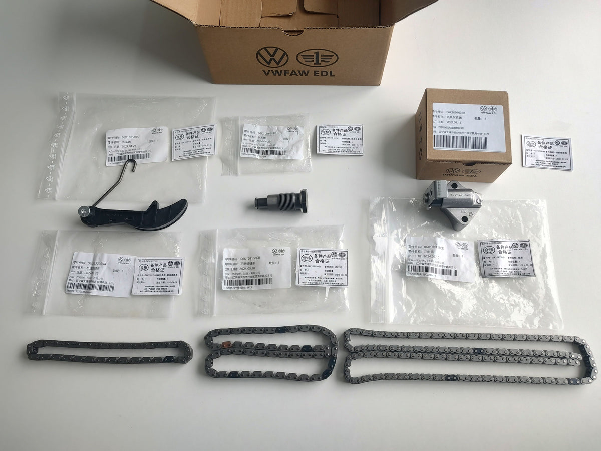 Bayern Automotive DAS MOTOR HAUS EA888 Gen 2 engine reconditioning kit with various engine components laid out on a surface