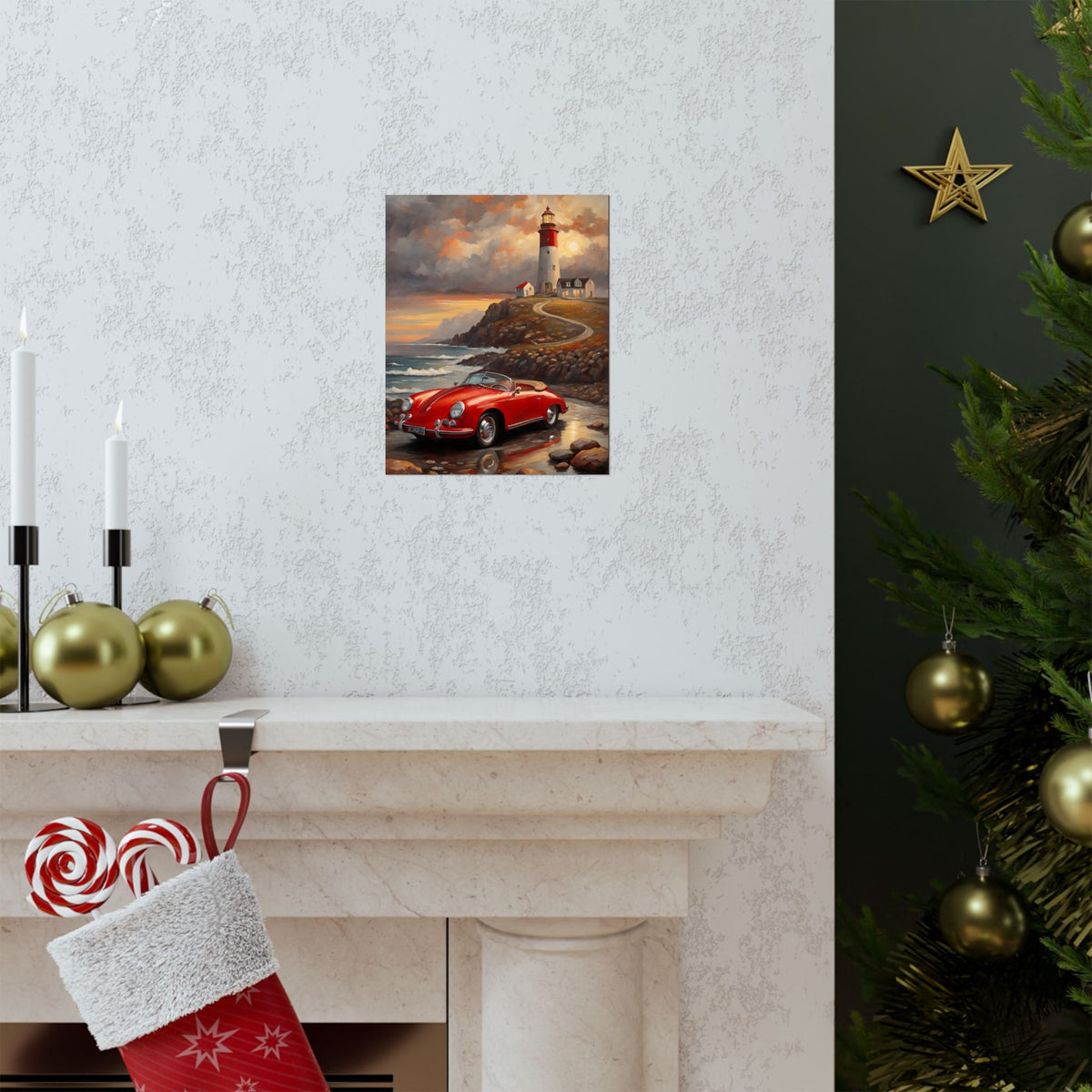 Vintage 1956 Porsche 356 Speedster Poster | Coastal Lighthouse Sunset Wall Art | Impressionist European Classic Sports Car Fine Art Paper Print
