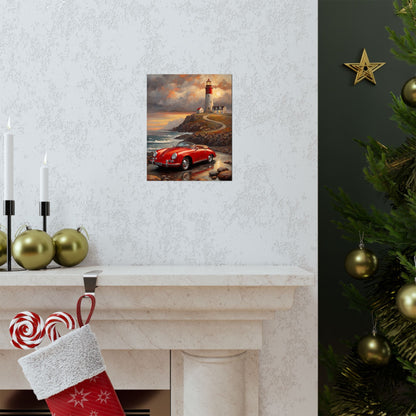 Vintage 1956 Porsche 356 Speedster Poster | Coastal Lighthouse Sunset Wall Art | Impressionist European Classic Sports Car Fine Art Paper Print