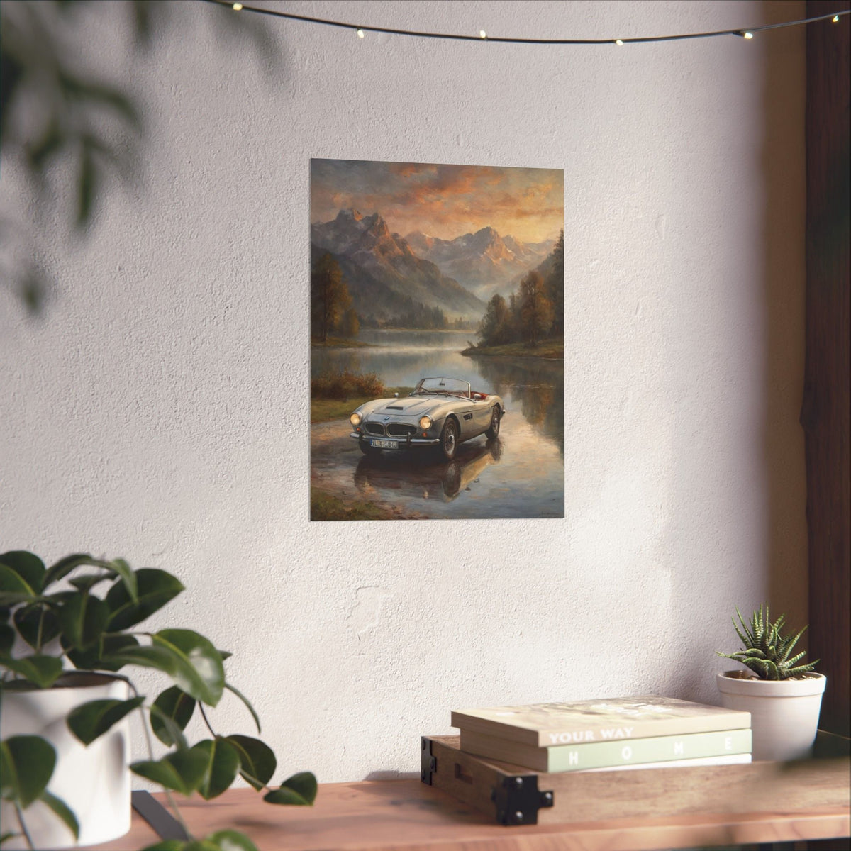 Vintage 1957 BMW 507 Roadster Poster | Alpine Lake Sunset Reflection Wall Art | Impressionist European Classic Sports Car Fine Art Paper Print