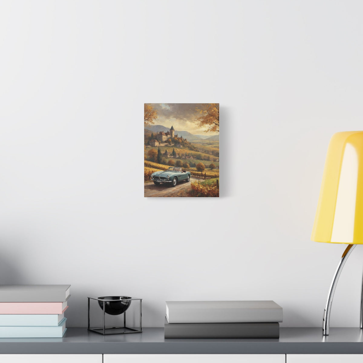 Vintage 1957 BMW 507 Roadster Canvas Wall Art | Autumn Vineyard Castle Valley Canvas Print | Impressionist Classic European Sports Car Art for Living Room & Office