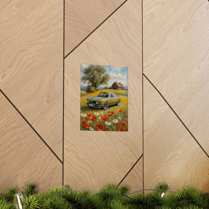 1973 BMW 30 CSL Wall Art Taiga Green Spring Poppy Field Countryside Barn Poster Classic German Sports Coupe Oil Painting Fine Art Print for Home Office Decor