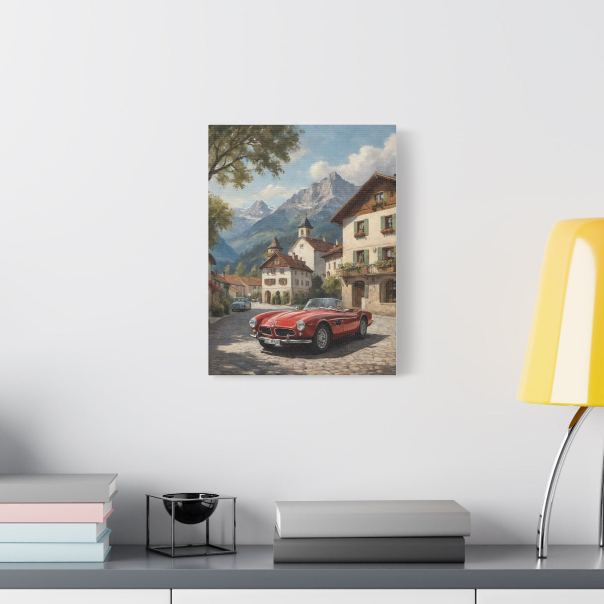 Vintage 1957 BMW 507 Roadster Canvas Wall Art | Bavarian Alpine Village Canvas Print | Impressionist Classic European Sports Car Art for Living Room & Office