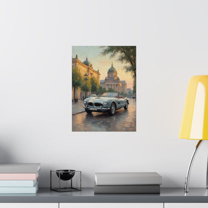 Vintage 1957 BMW 507 Roadster Poster | European City Boulevard Sunset Wall Art | Impressionist European Classic Sports Car Fine Art Paper Print