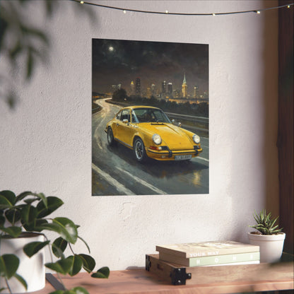 1973 Porsche 911 Wall Art Signal Yellow Night Highway City Skyline Full Moon Poster Classic German Sports Car Oil Painting Fine Art Print for Home Office Decor