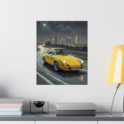 1973 Porsche 911 Wall Art Signal Yellow Night Highway City Skyline Full Moon Poster Classic German Sports Car Oil Painting Fine Art Print for Home Office Decor