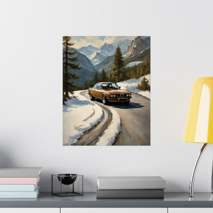 1973 BMW 30 CSL Wall Art Inka Orange Bronze Alpine Mountain Pass Snow Road Poster Classic German Sports Coupe Oil Painting Fine Art Print for Home Office Decor