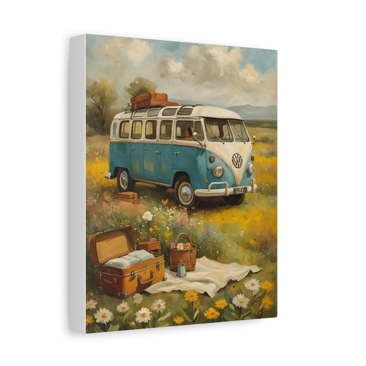 Vintage 1960s VW Type 2 Microbus Canvas Wall Art | Wildflower Meadow Bohemian Picnic Canvas Print | Impressionist Classic Camper Art for Living Room & Office