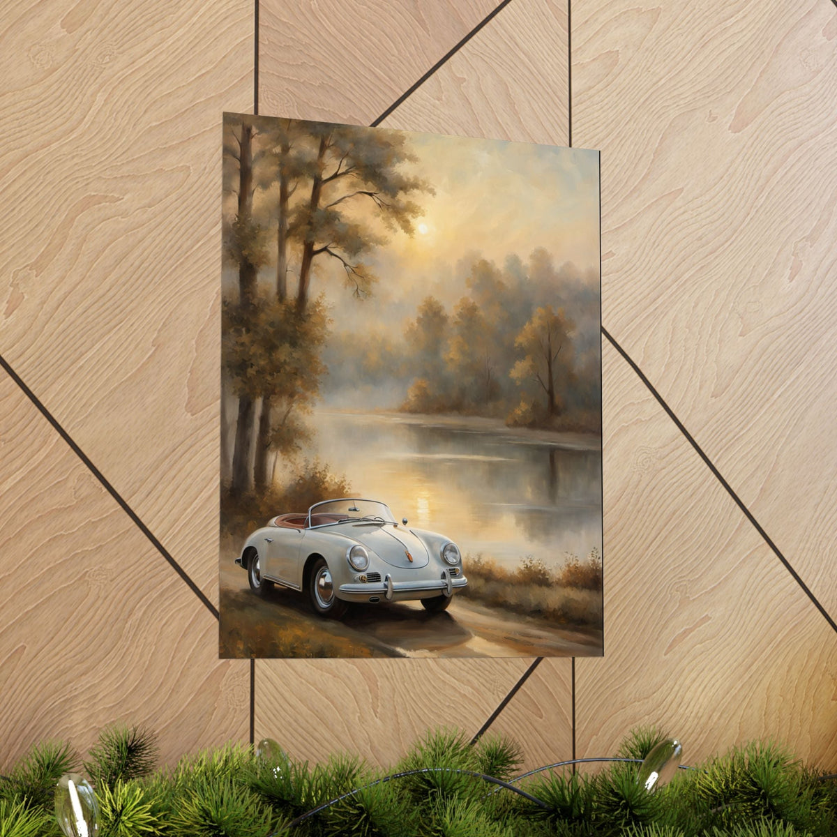 Vintage 1956 Porsche 356 Speedster Poster | Misty Lakeside Sunrise Wall Art | Impressionist European Classic Sports Car Fine Art Paper Print
