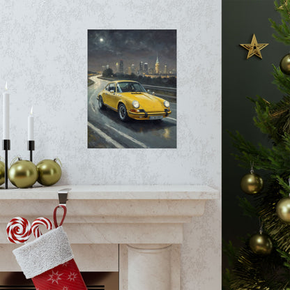 1973 Porsche 911 Wall Art Signal Yellow Night Highway City Skyline Full Moon Poster Classic German Sports Car Oil Painting Fine Art Print for Home Office Decor