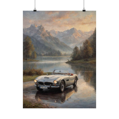Vintage 1957 BMW 507 Roadster Poster | Alpine Lake Sunset Reflection Wall Art | Impressionist European Classic Sports Car Fine Art Paper Print