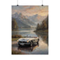 Vintage 1957 BMW 507 Roadster Poster | Alpine Lake Sunset Reflection Wall Art | Impressionist European Classic Sports Car Fine Art Paper Print