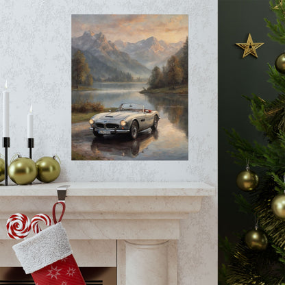 Vintage 1957 BMW 507 Roadster Poster | Alpine Lake Sunset Reflection Wall Art | Impressionist European Classic Sports Car Fine Art Paper Print