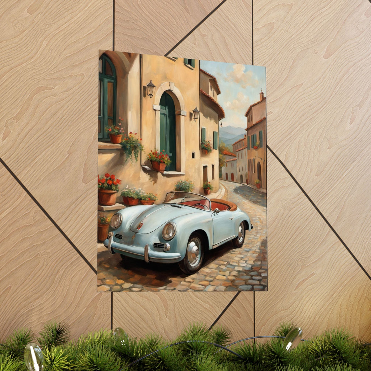 Vintage 1956 Porsche 356 Speedster Poster | Italian Village Street Wall Art | Impressionist European Classic Sports Car Fine Art Paper Print