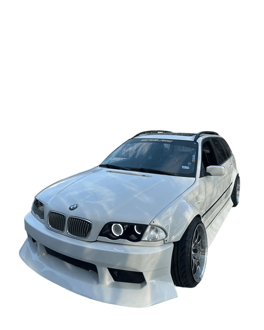 BMW E46 Touring series 3 wide body kit by K2 Industries, showing front and side view of the custom car modifications.