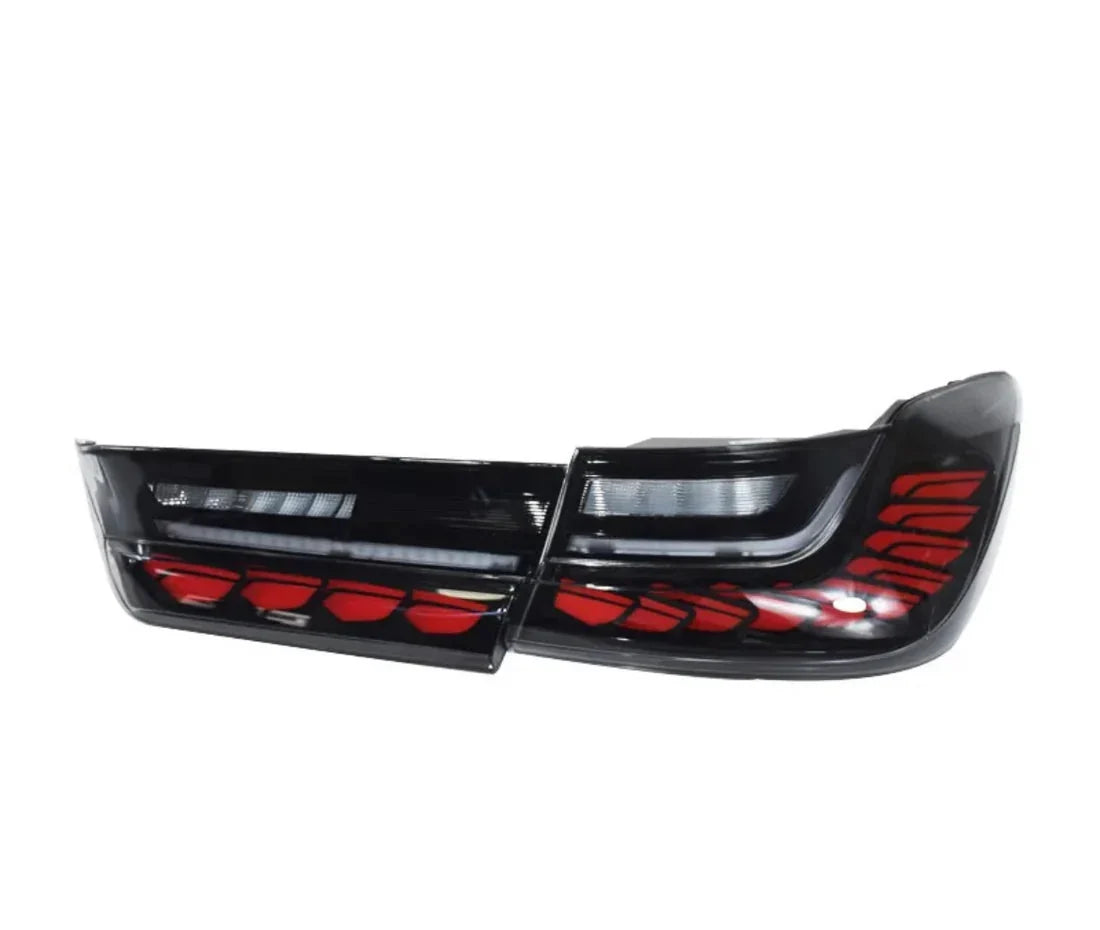 Vekto GTS OLED tail lights for BMW G20 3 Series and G80 M3 in cherry red and smoked finish, showcasing sleek automotive lighting.