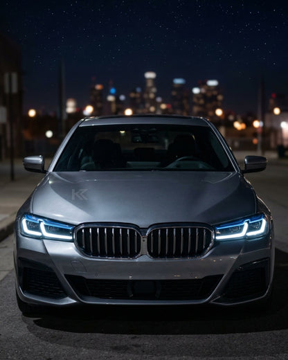 BMW 5-Series G38 G30 headlights with laser LED technology, showcasing sleek design and advanced lighting features by K2 Industries.