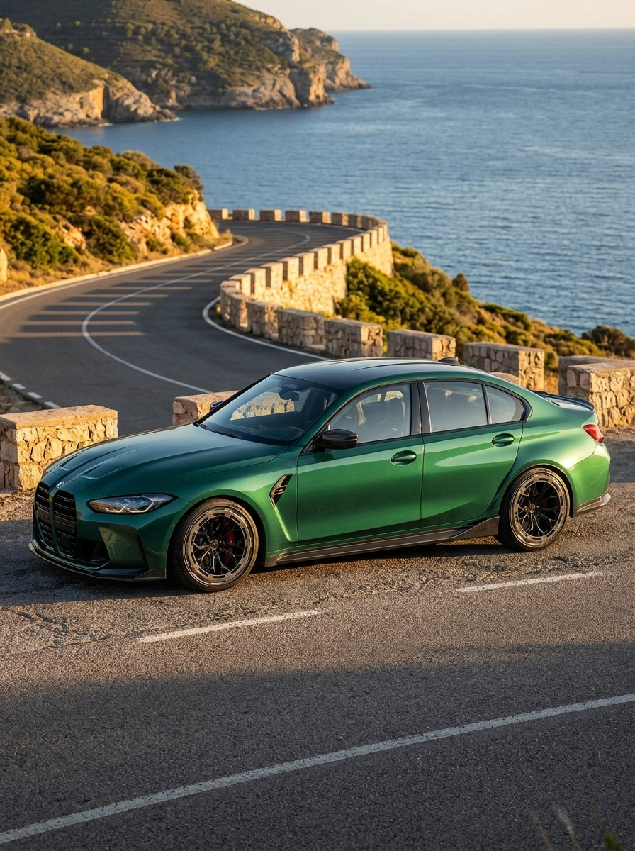 BMW 3/4 Series G80 G81 G82 G83 MP Style carbon fiber side skirts by K2 Industries, showing sleek, textured side profile design.