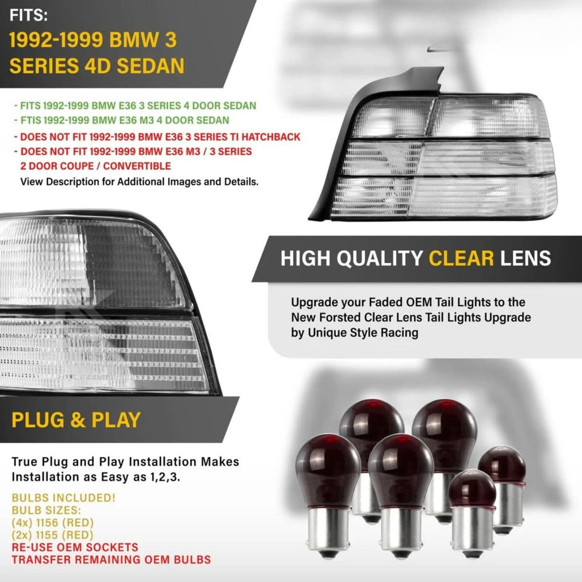 BMW 3 Series E36 tail lights with clear frosted lens, brand K2 Industries, shown on vehicle rear with detailed lens design