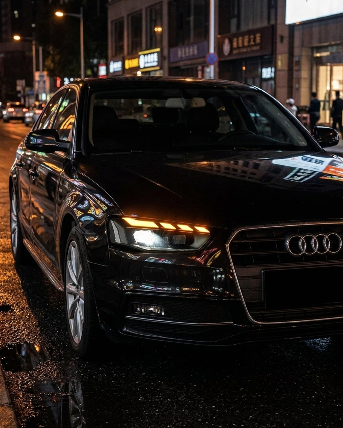 K2 Industries Audi A4 RS style LED headlight assembly with daytime running lights for 2008-2012 model, showing front view.