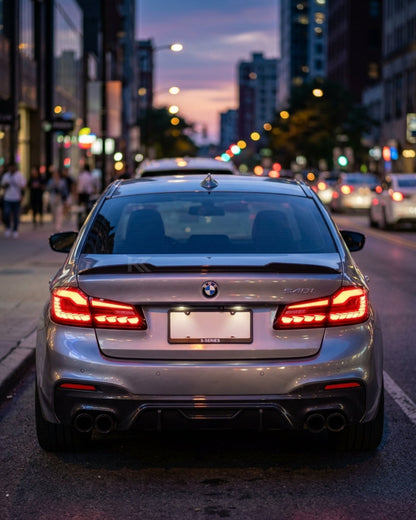 BMW 5-Series G30 G38 LED Flow Taillights by K2 Industries, showcasing sleek red and clear tail light lenses with LED accents.