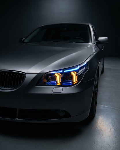 BMW 5 Series E60 snake eye LED headlight assembly with dual-color daytime running lights, manufactured by K2 Industries.