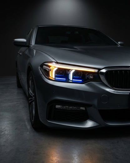 BMW 5 Series G30 G38 M5 F90 dual-color LED headlight assembly with DRL, manufactured by K2 Industries, 2018-2020