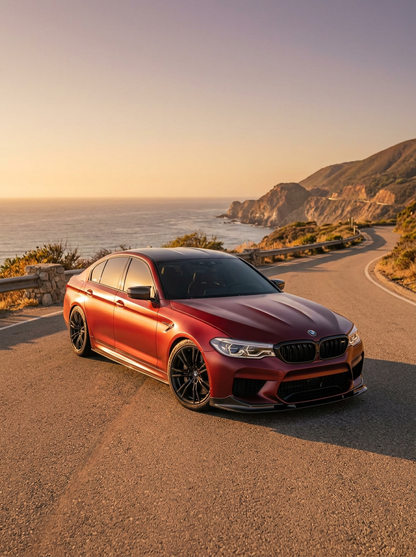 BMW 5 Series F90 M5 3D Style carbon fiber front lip by K2 Industries, showcasing sleek, lightweight aerodynamic design.