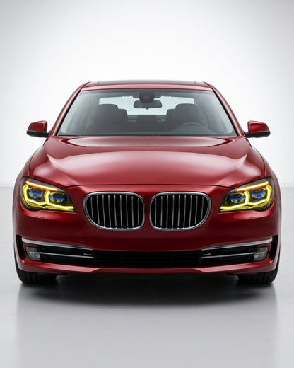 BMW 7 Series F02 G12 LED headlight assembly with dual-color DRL (yellow/white) for 2013-2015, by K2 Industries.