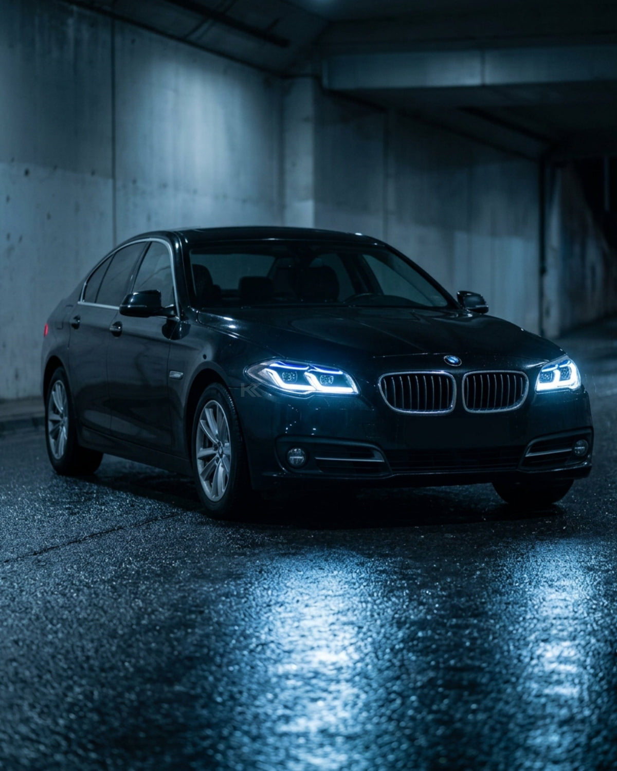 BMW 5-Series F10/F18 headlights with G30 style design by K2 Industries, showing the front view of the headlights.