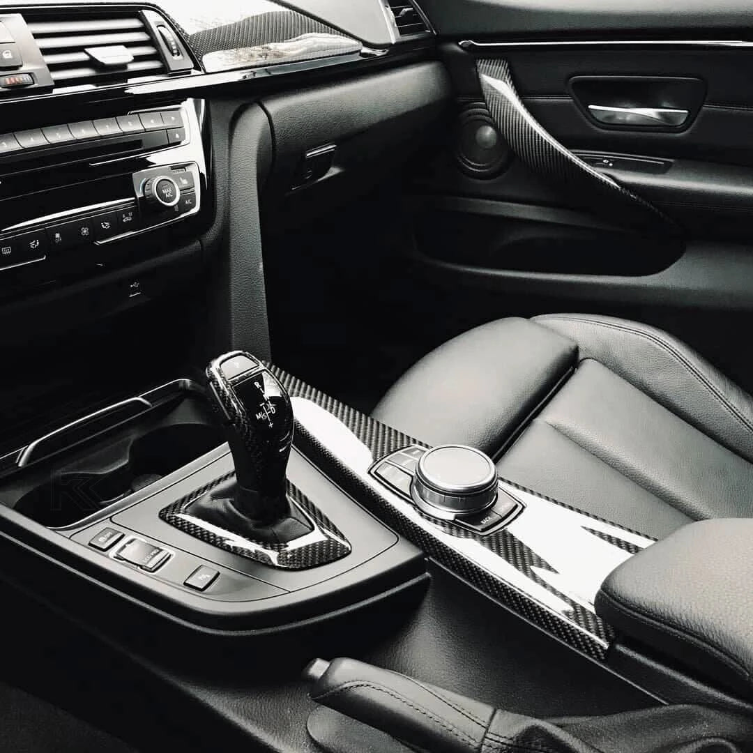BMW F20, F22, F30, F32, F10, F07, F01, X3, X4 carbon fiber gear shift knob and interior panel trim by K2 Industries