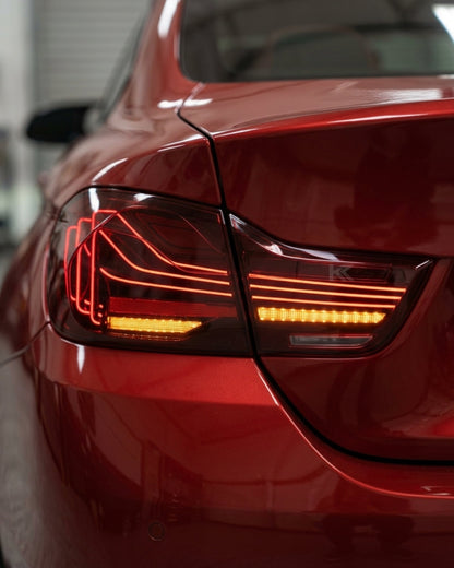 BMW 4-Series F32 F82 430i CSL Style LED tail lights by K2 Industries, showing sleek red and clear lens design for 2013-2018 models.