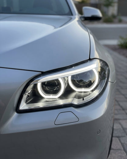 BMW 5 Series F10/F11/F18 factory style LED headlights by K2 Industries, front view showing sleek headlight upgrade design.