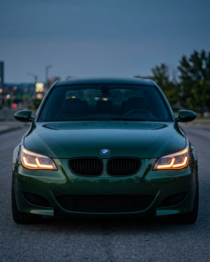 BMW 5-Series E60 E61 LED headlights by K2 Industries, modern style, clear lens, and integrated LED lighting for 2003-2010 models.