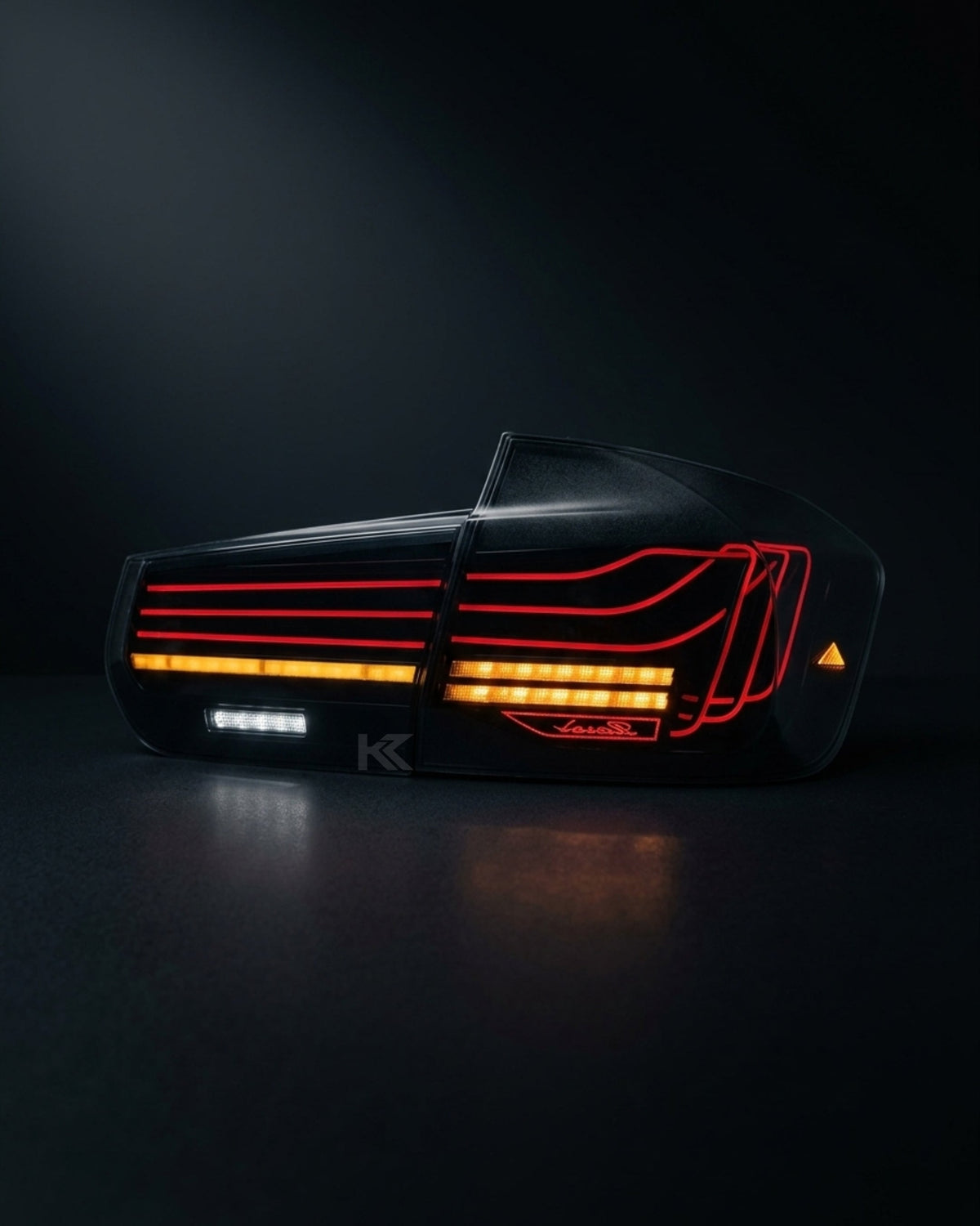 BMW 3-Series F30/F80 CSL laser style tail lights by K2 Industries with RGB color-changing feature, for 2013-2018 models.