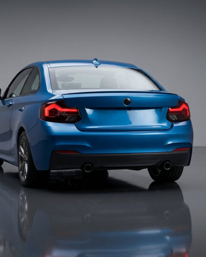 BMW 2-Series F22 F23 M2 F87 220i 225i F44 smoked LED tail lights by K2 Industries, showing sleek, darkened rear lighting design.