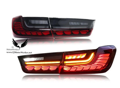 Vekto GTS OLED tail lights for BMW G20 3 Series and G80 M3 in cherry red and smoked finish, showcasing sleek automotive lighting.