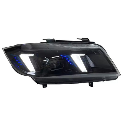 Vekto dual-color laser LED headlights for BMW 3 Series E90 2005-2012, showing the sleek headlight design with illuminated dual-color LEDs.