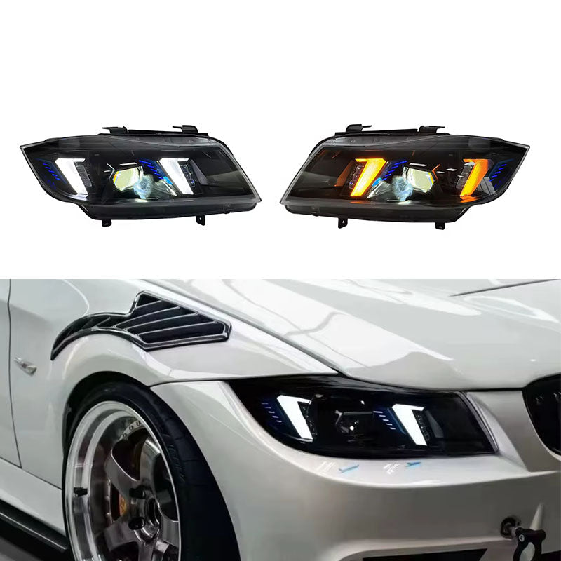 Vekto dual-color laser LED headlights for BMW 3 Series E90 2005-2012, featuring modern design and bright illumination.