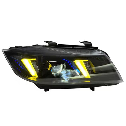 Vekto dual-color laser LED headlights installed on a BMW 3 Series E90 2005-2012, showcasing modern, bright lighting design.